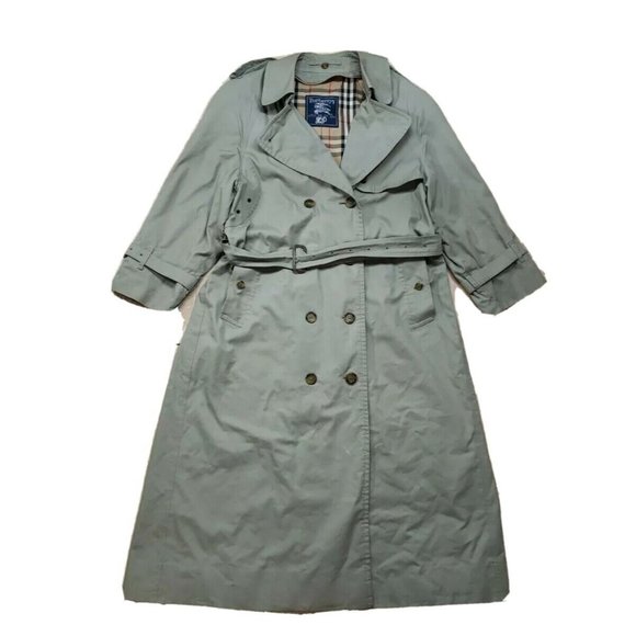 Vintage Burberry Burberrys Chelsea Double Breasted Green Trench Coat Nova Check - Picture 1 of 12